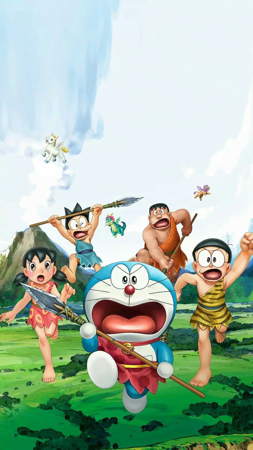 Doraemon, Nobita, and friends wearing primal fur outfits and holding spears in a lush prehistoric jungle.