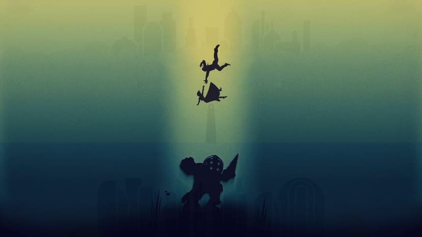 Silhouette of characters falling through a yellow sky above an underwater Big Daddy near a sunken city.