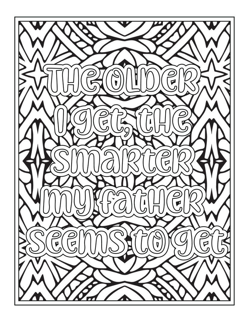 Fatherhood quote typography in white outlined lettering centered over a dark intricate mandala pattern background.
