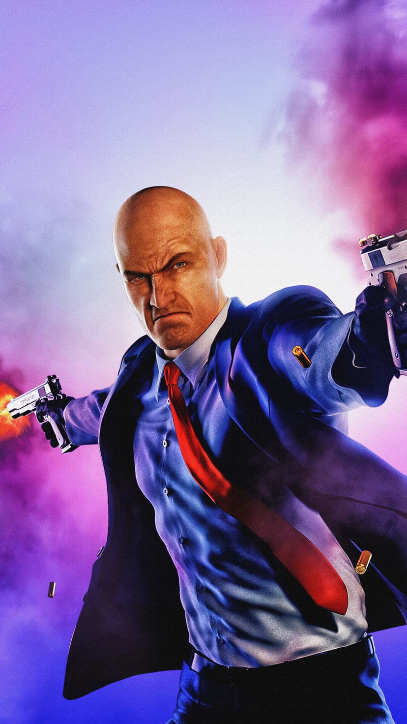 Bald man in a blue suit and red tie firing two pistols with shell casings flying in purple smoke.