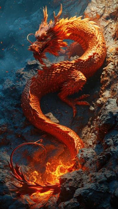 Fiery Chinese Dragon Coiled on Rocky Terrain