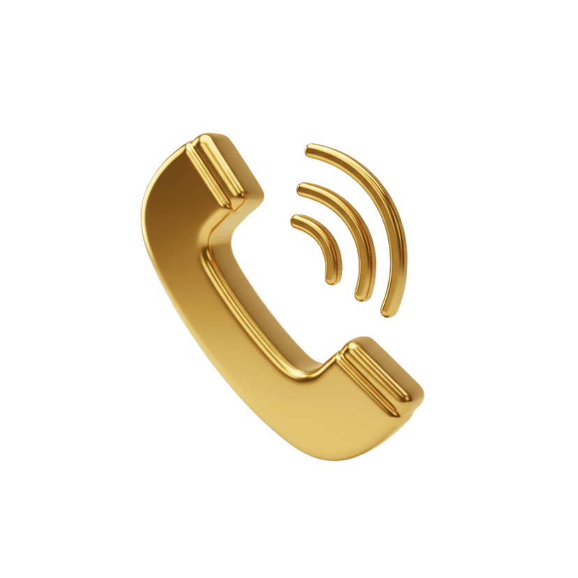 Golden phone receiver icon with 3D signal waves features a polished metallic finish and glossy surface lighting.