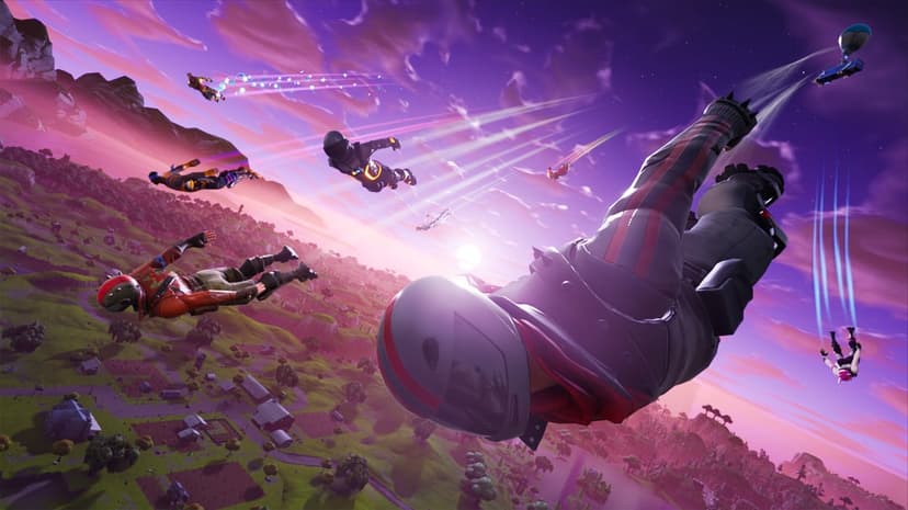 Fortnite characters skydive toward a green island landscape during a vibrant purple and orange sunset.