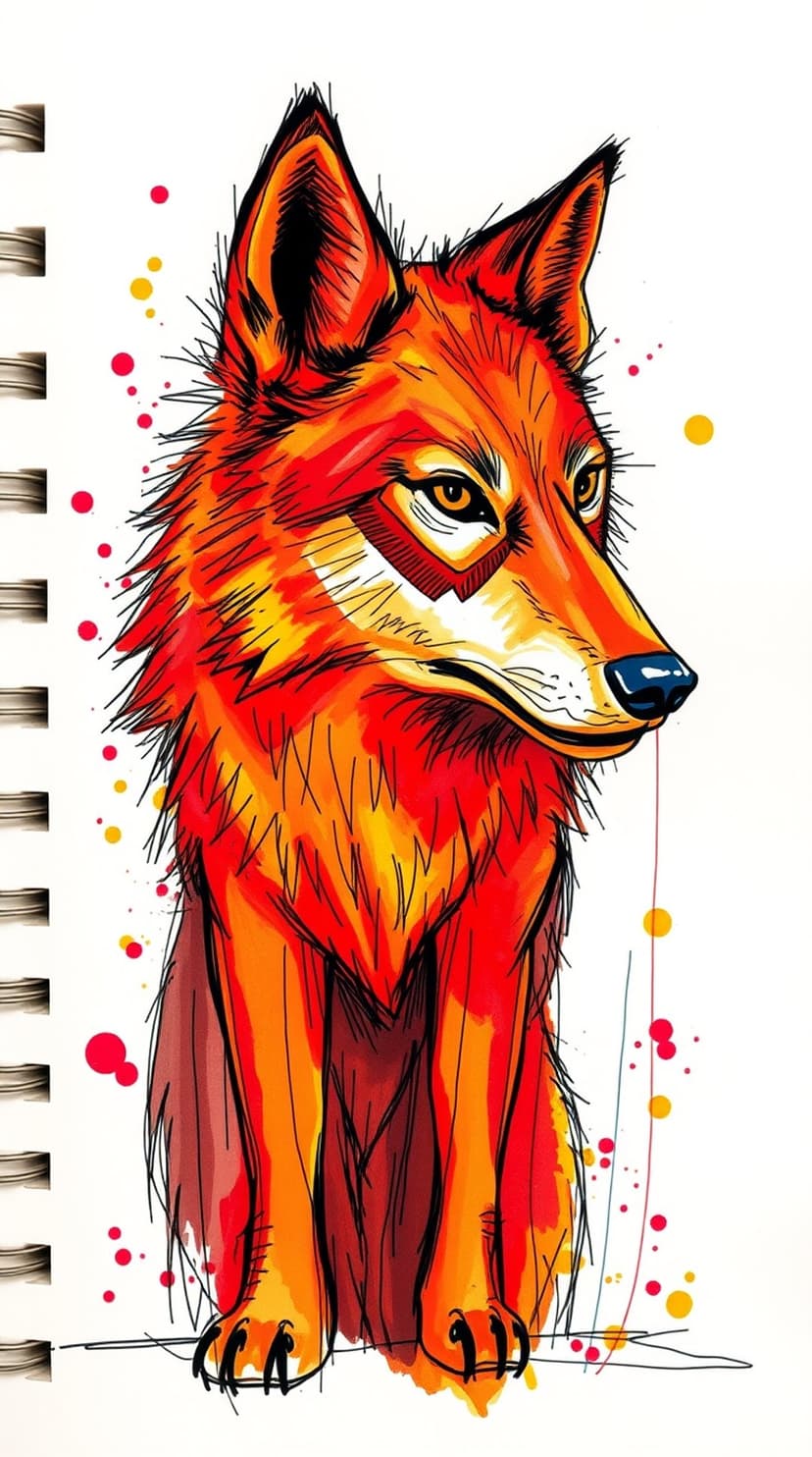 Orange wolf with black ink outlines and red watercolor splashes beside a vertical sketchbook binding edge.