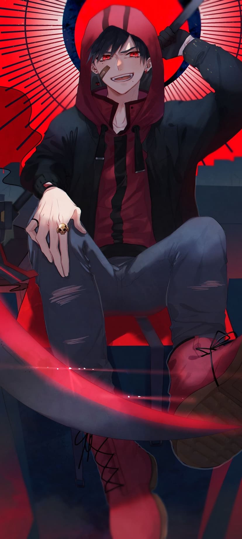 Anime boy with glowing red eyes wears a black hoodie and skull ring against a red radial fan-shaped background.