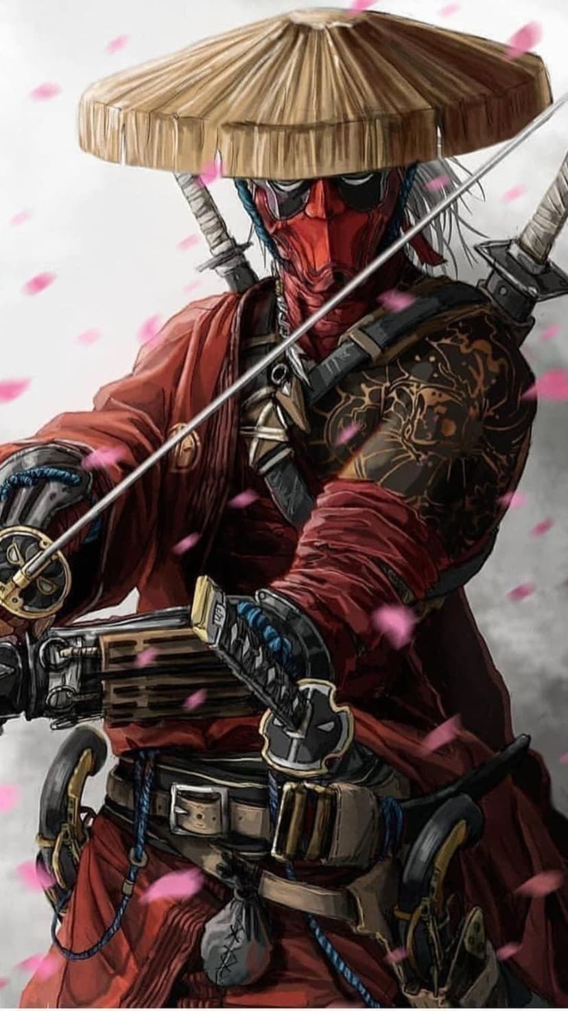 Deadpool wearing red samurai armor and a straw hat holds dual swords as pink cherry blossom petals drift by.