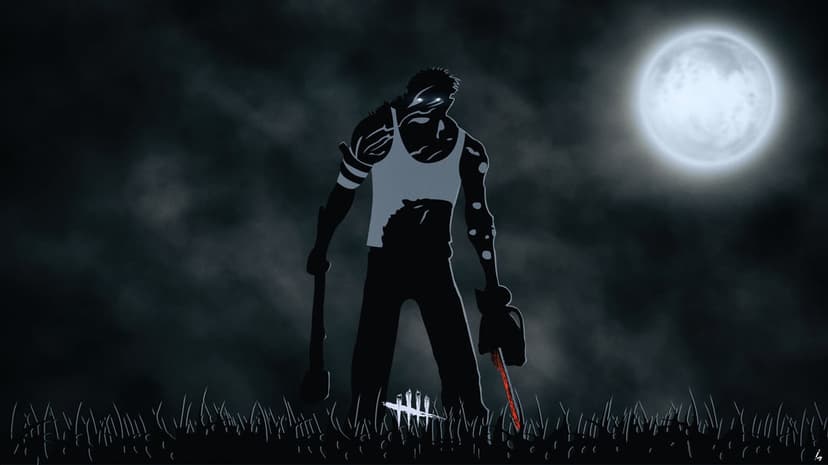 Silhouette of a masked man with glowing blue eyes holding a bloody chainsaw in a dark field under a full moon.