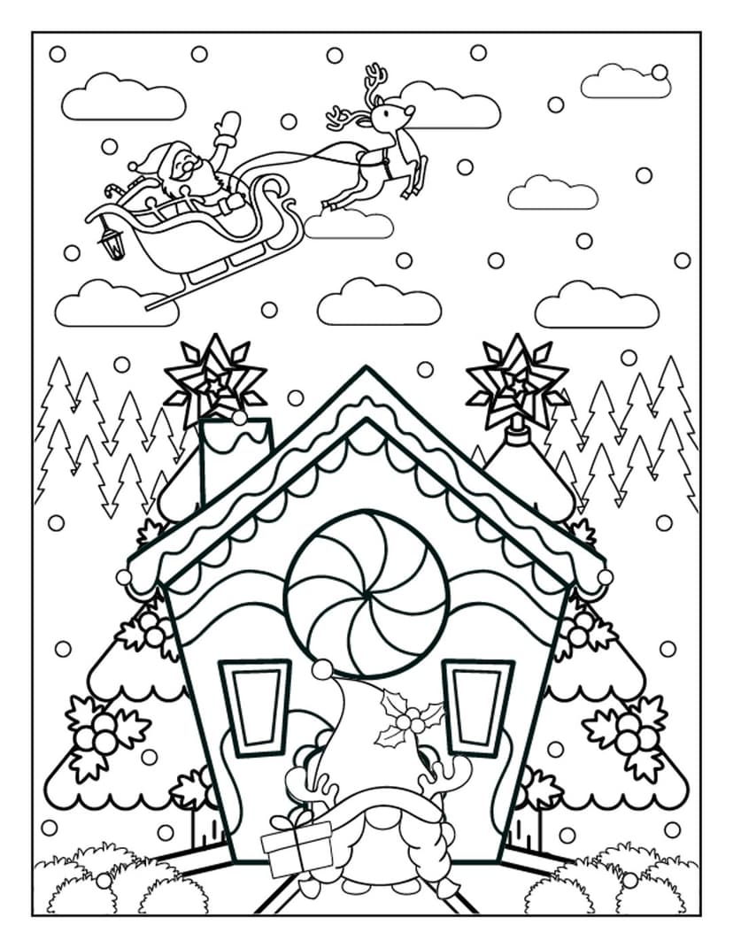 Christmas coloring page outline showing Santa in a sleigh above a gnome and gingerbread house in the snow.