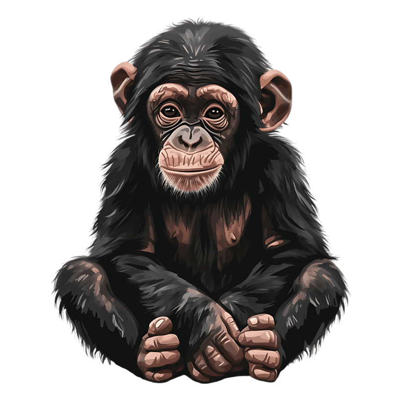 Baby chimpanzee sits calmly with fingers interlaced, showcasing detailed dark fur and realistic facial expressions.