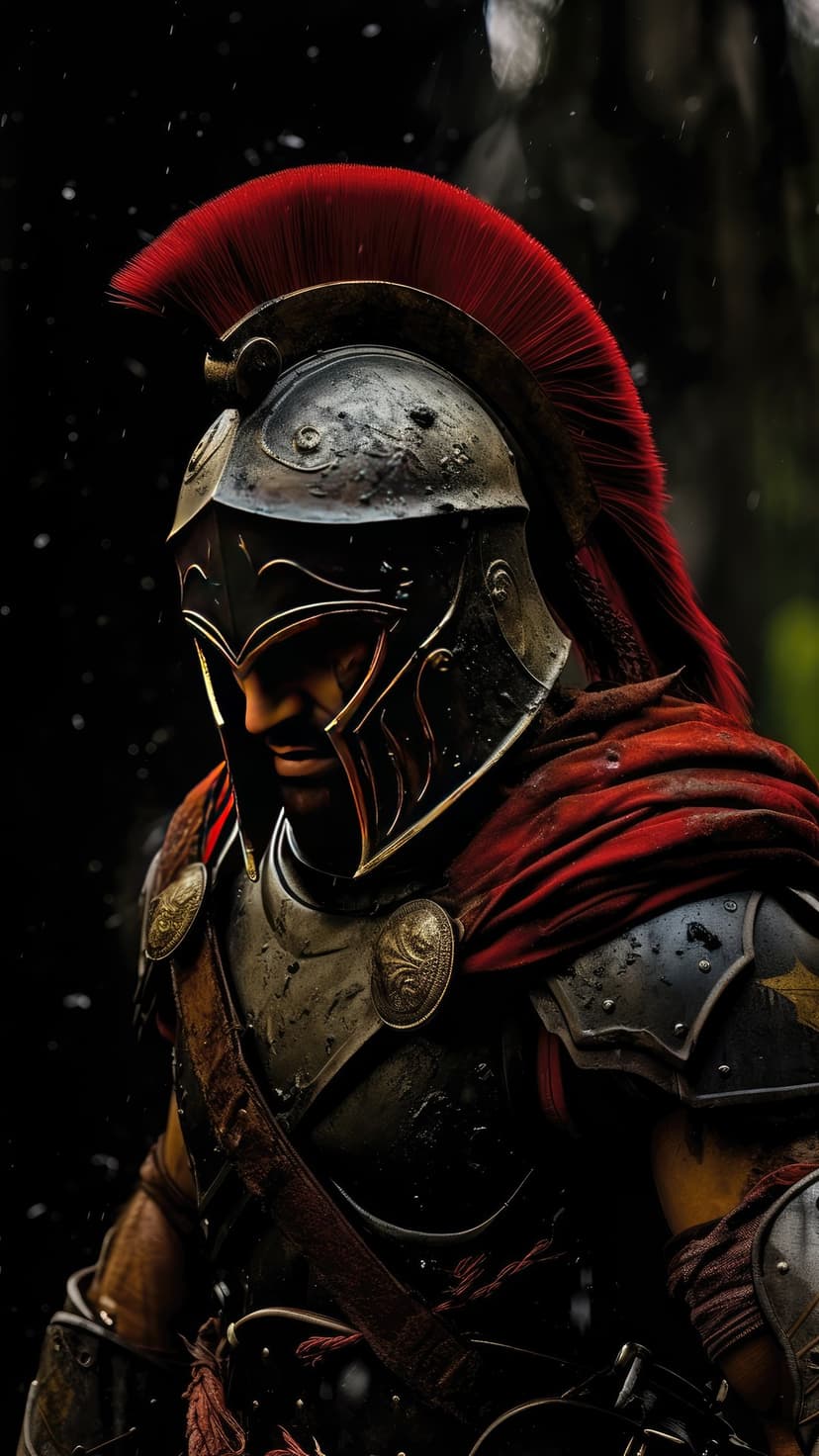 Roman soldier in steel armor and a red helmet plume looks down amidst floating dust in a dark, moody setting.