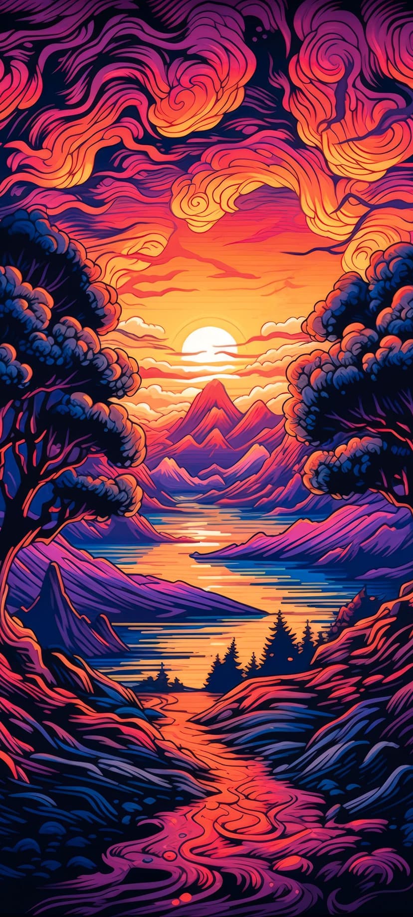 Jagged mountains tower over a calm lake at sunset with dark swirling trees and radiant orange and pink clouds.
