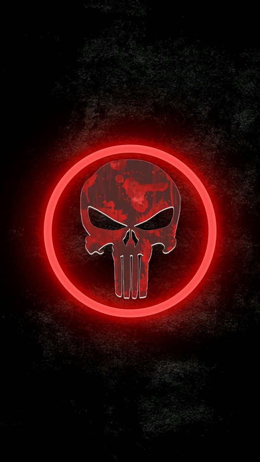 Punisher skull emblem with a weathered red texture is centered inside a glowing neon ring on a black background.