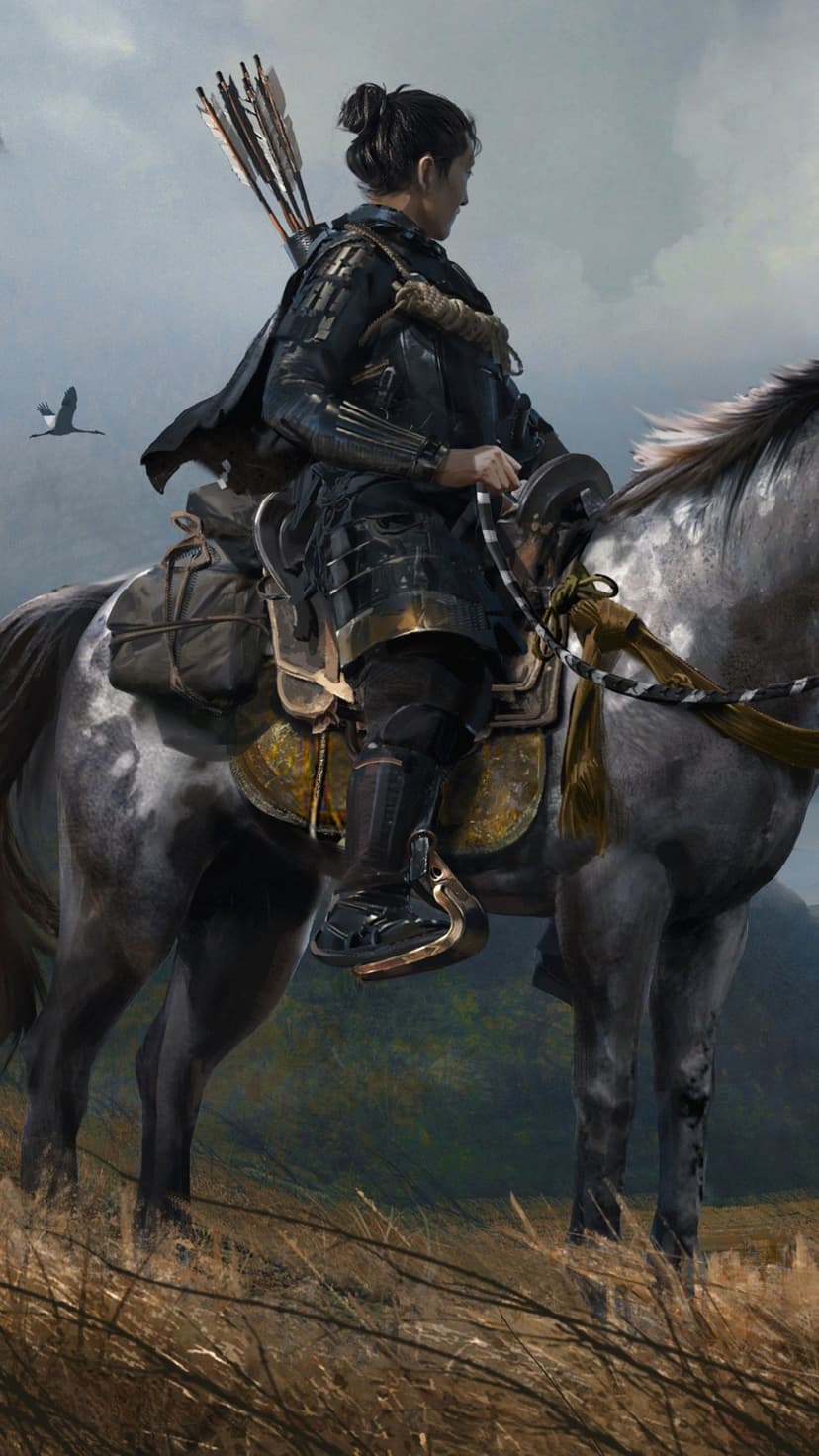 Samurai archer on a mottled grey horse watches a crane flying over a misty landscape in a vertical composition.