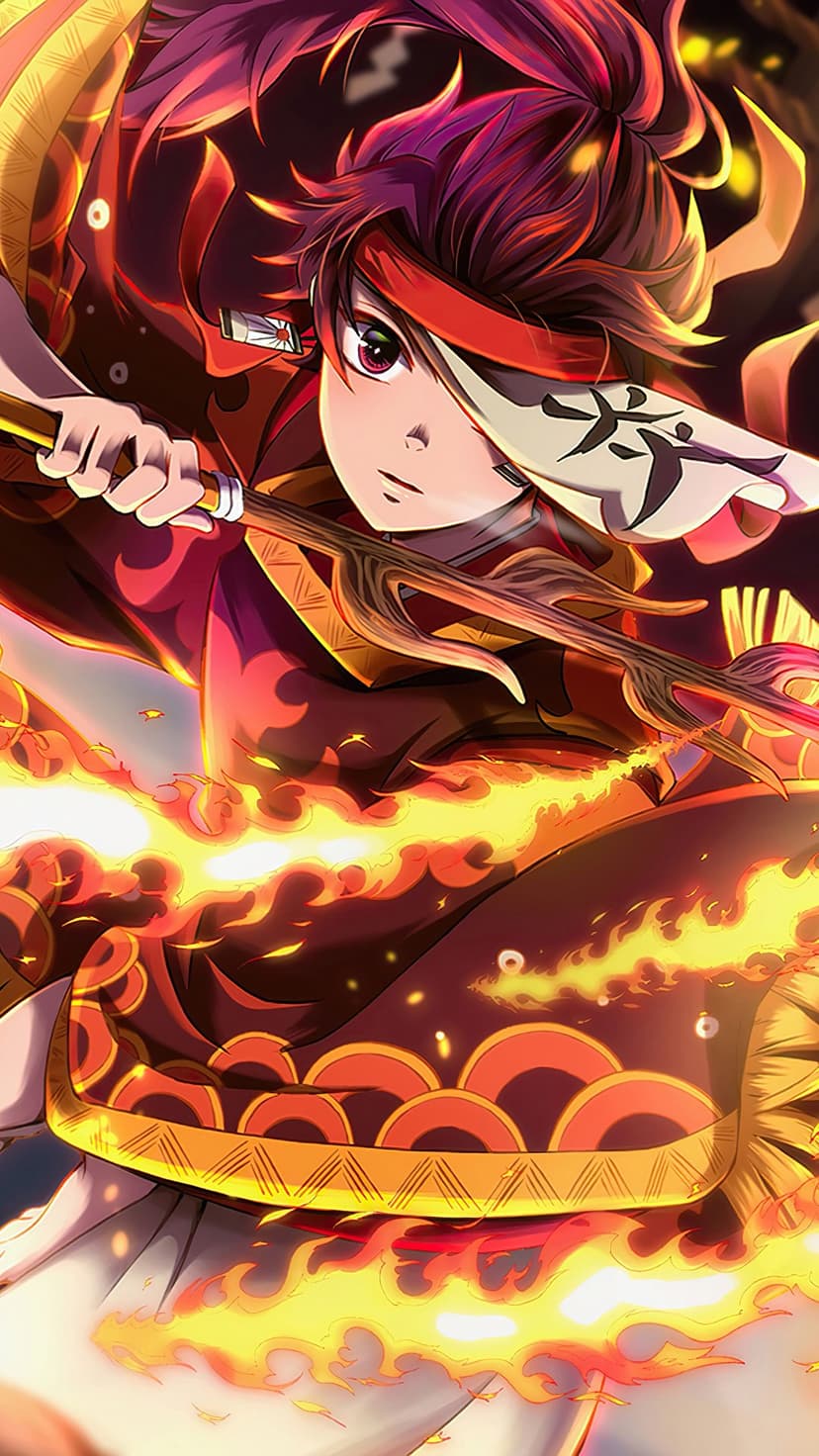 Red-haired warrior in gold-trimmed crimson armor brandishes a flaming sword amidst floating embers and smoke.
