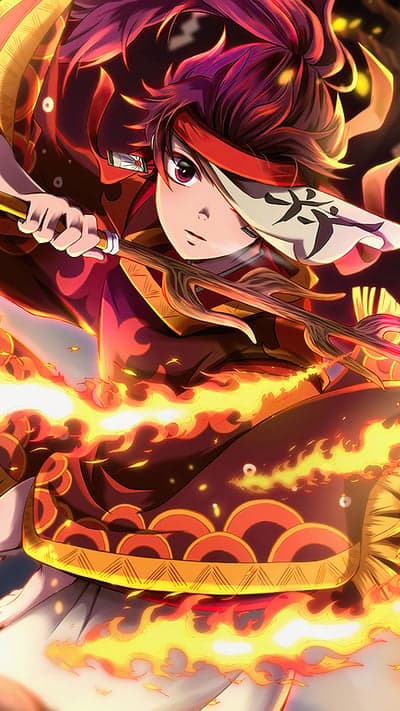 Fiery Anime Warrior with Flowing Hair and Blade