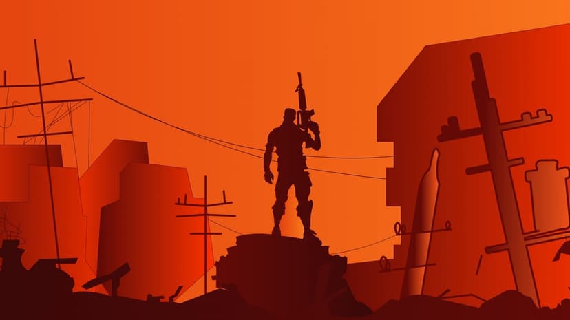 Soldier silhouette holding a rifle standing on rubble in a ruined orange city with power lines and buildings.