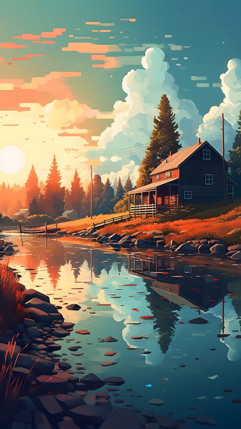 Rustic cabin beside a calm lake under a dramatic orange sunset with autumnal trees and rural power lines.