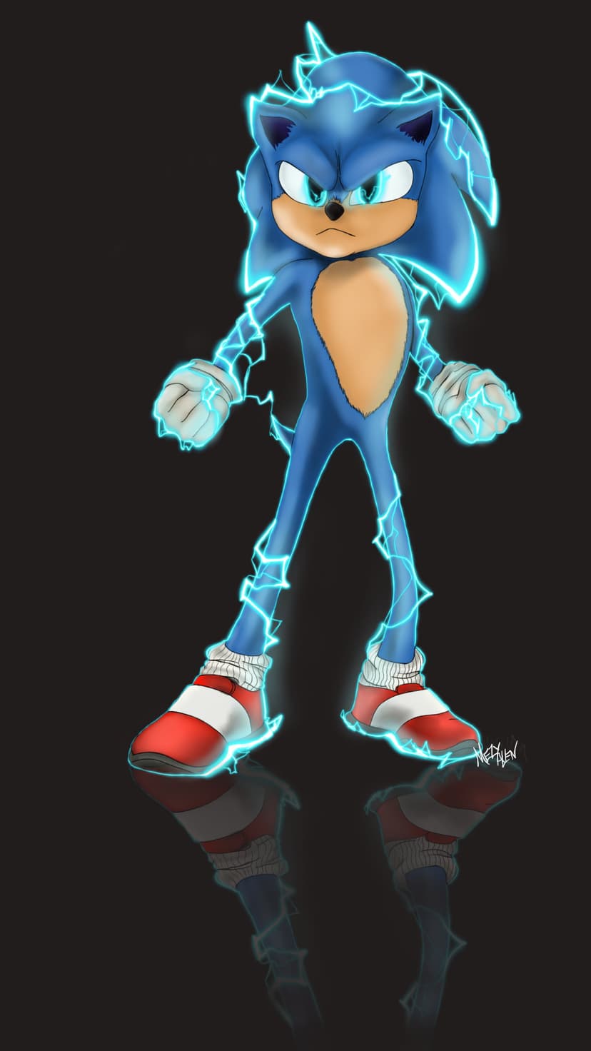 Sonic the Hedgehog emits bright blue lightning bolts from his fur while standing in a crouched, powerful stance.