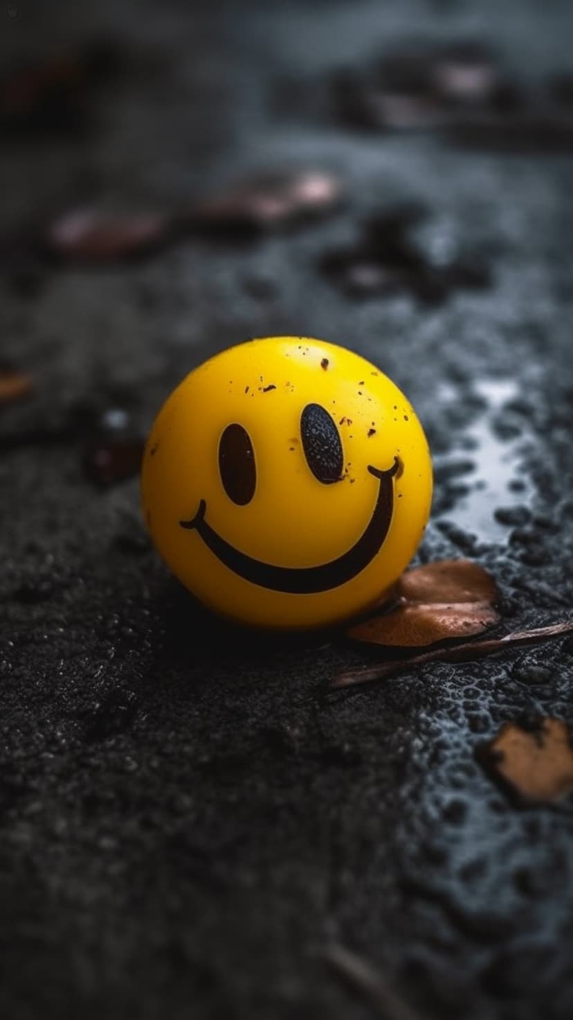 Yellow smiley face ball sits on wet asphalt surrounded by damp autumn leaves with soft puddles and reflections.