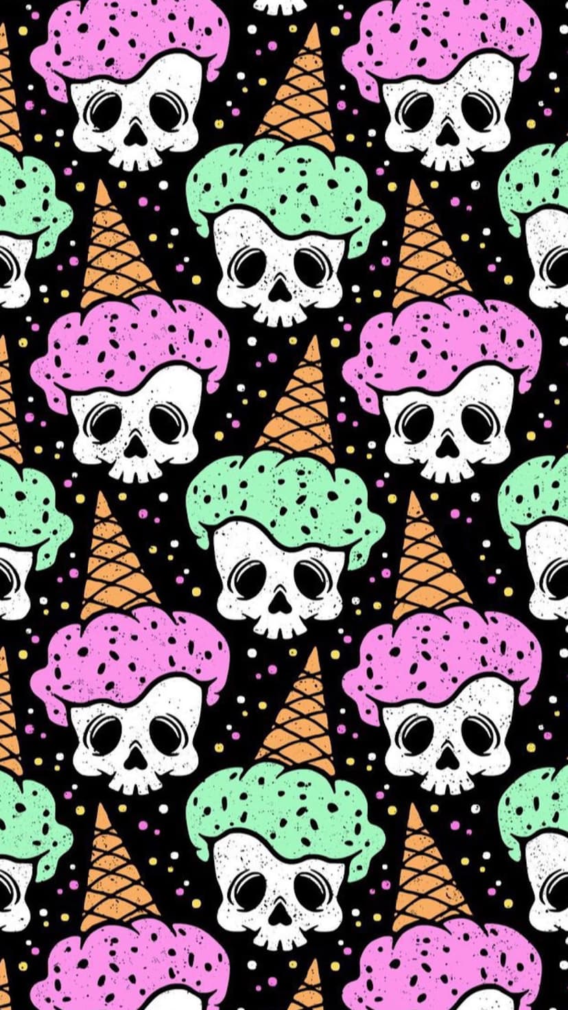 White skulls shaped like ice cream scoops on orange waffle cones with pastel pink and green toppings and confetti.