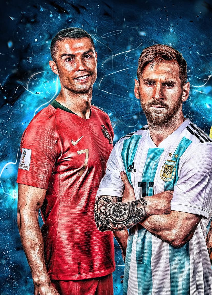 Messi and Ronaldo face each other with intense expressions against a background of glowing blue and white energy.