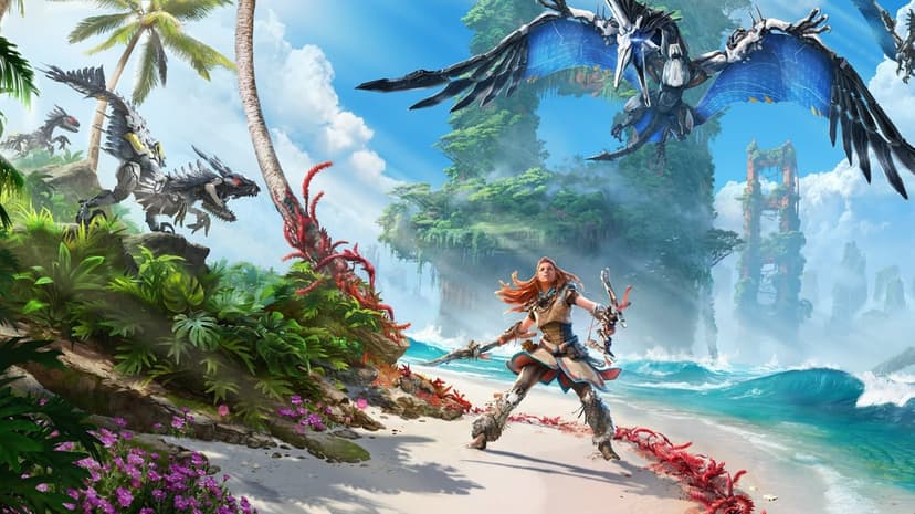 Aloy on a tropical beach with robotic dinosaurs, lush cliffs, and blue sea in a vibrant gaming scene.