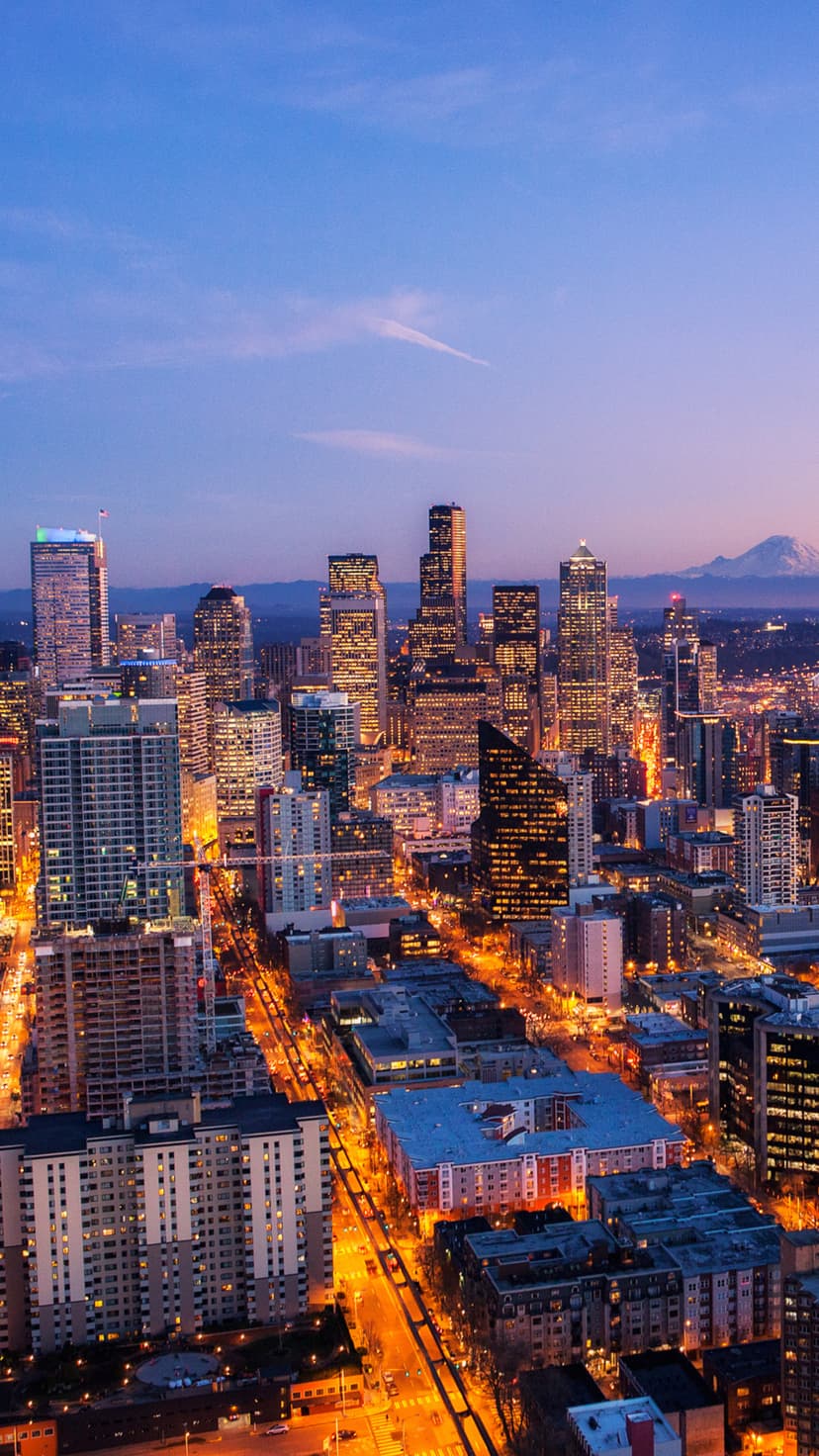 Illuminated city skyscrapers at dusk with a large snow-capped mountain rising in the distant background.