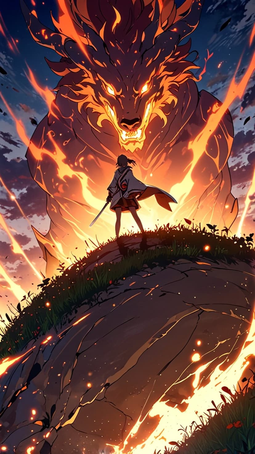 Warrior with a sword stands on a grassy hill facing a massive beast wreathed in swirling orange flames at dawn.