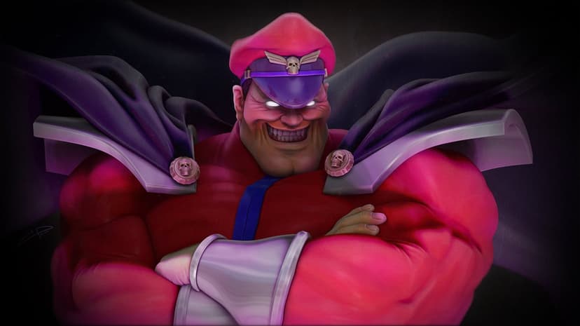 M. Bison from Street Fighter with arms crossed, a menacing smile, glowing white eyes, and a red military uniform.