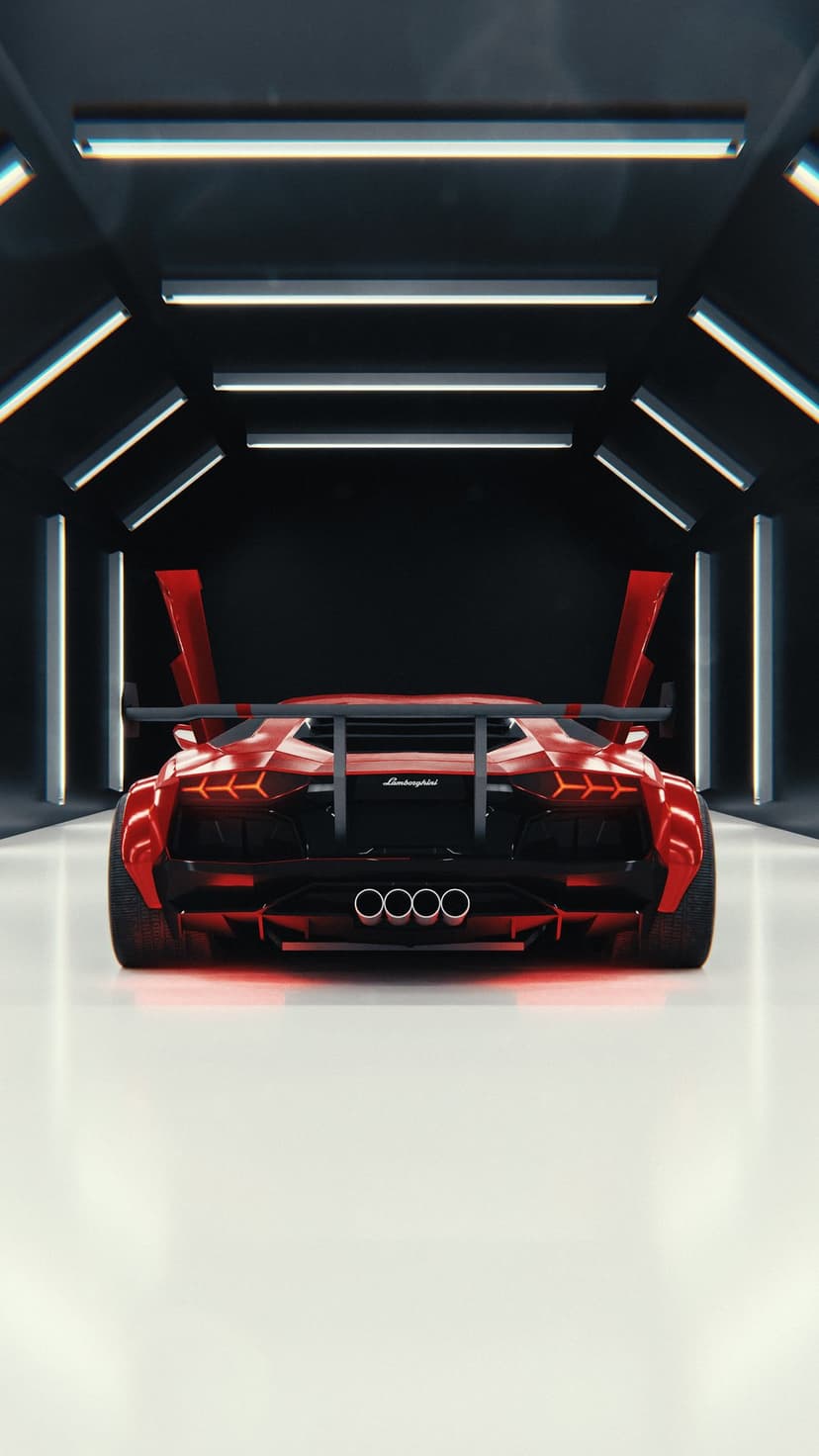 Red Lamborghini Aventador with a large rear wing parked in a dark garage featuring vertical white neon lights.