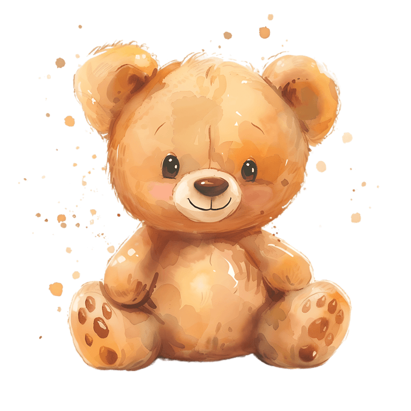 Watercolor teddy bear illustration sitting with brown paint splatters and large dark eyes on a clear background.