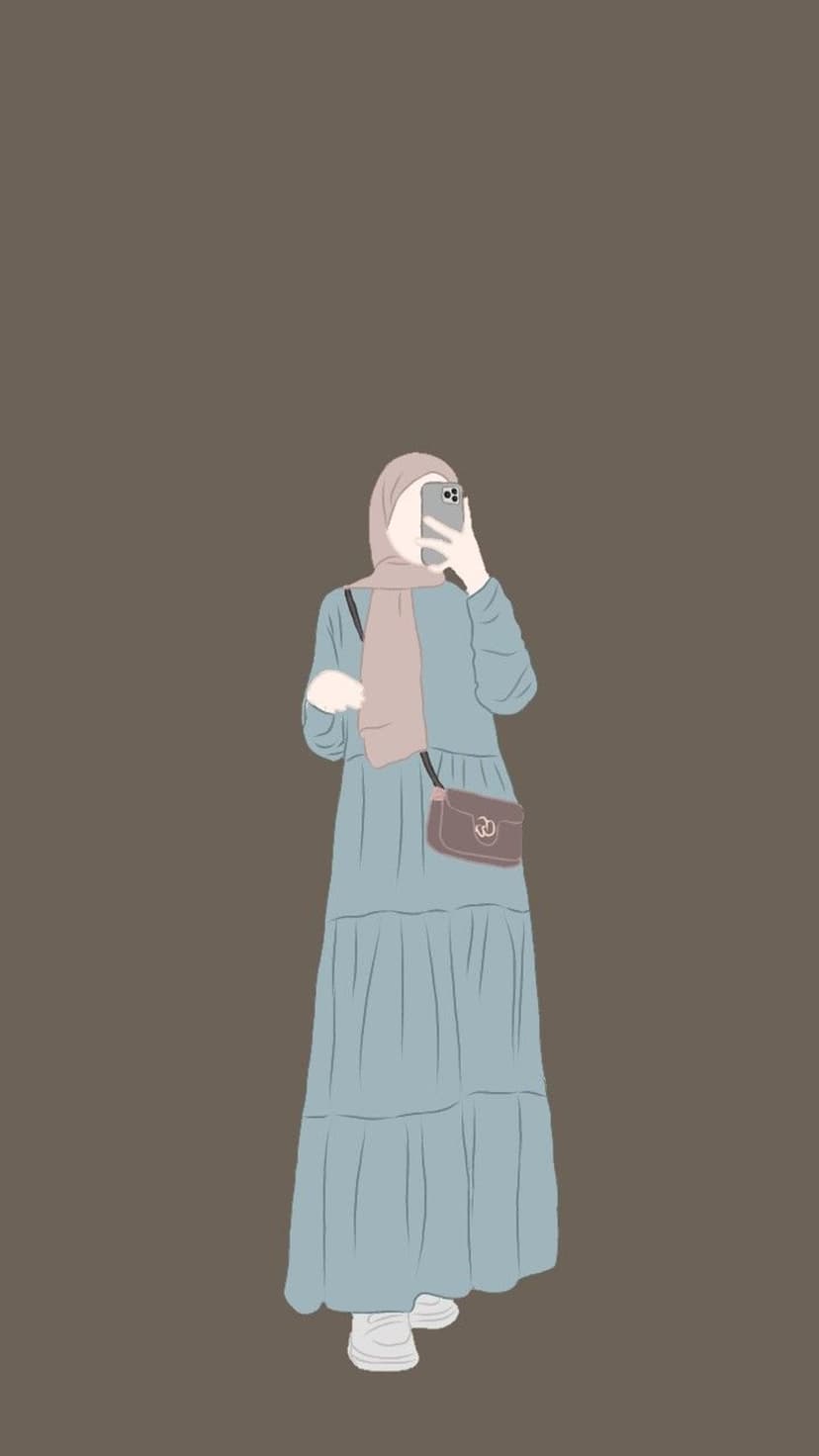 Muslim woman in a blue hijab and long dress taking a selfie with a smartphone against a brown background.