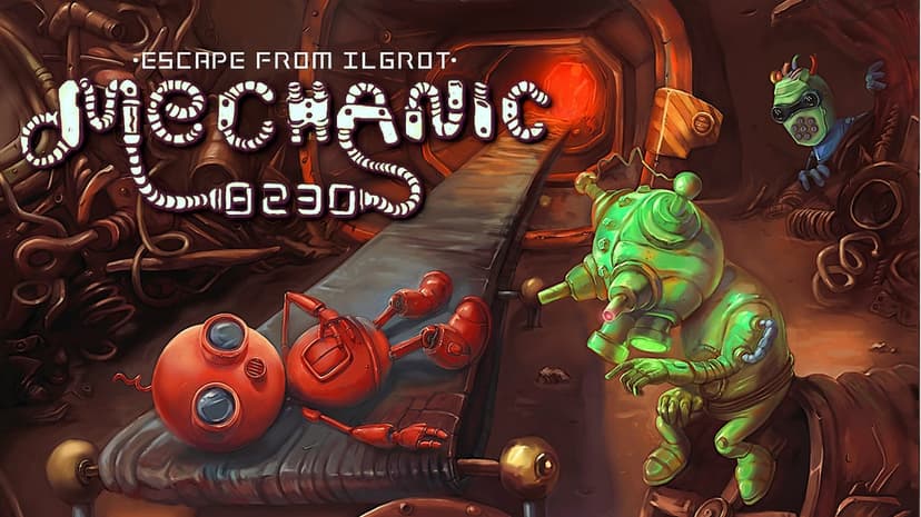 Green robot inspecting a red robot on a conveyor belt in a rusty industrial sci-fi workshop setting.