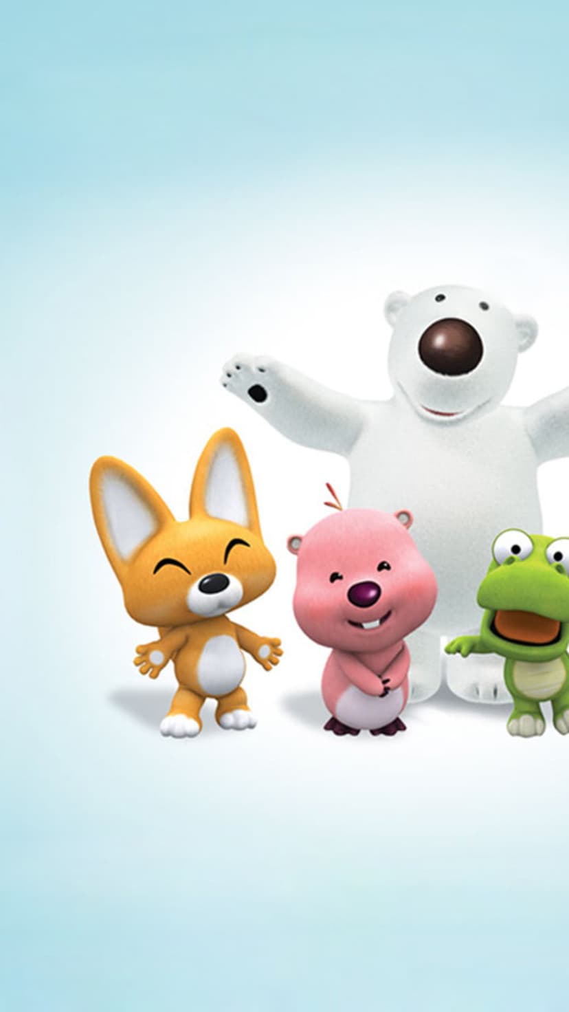 Pororo the penguin, Crong the dinosaur, and friends stand together in a colorful 3D animated group composition.