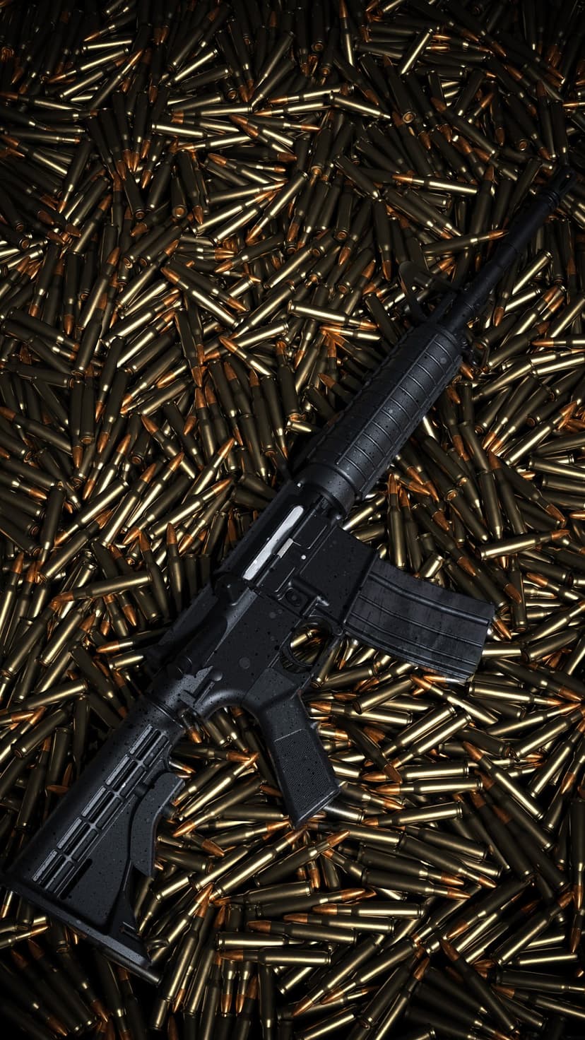 Black assault rifle resting on a bed of brass bullets with dramatic lighting and polished metallic textures.