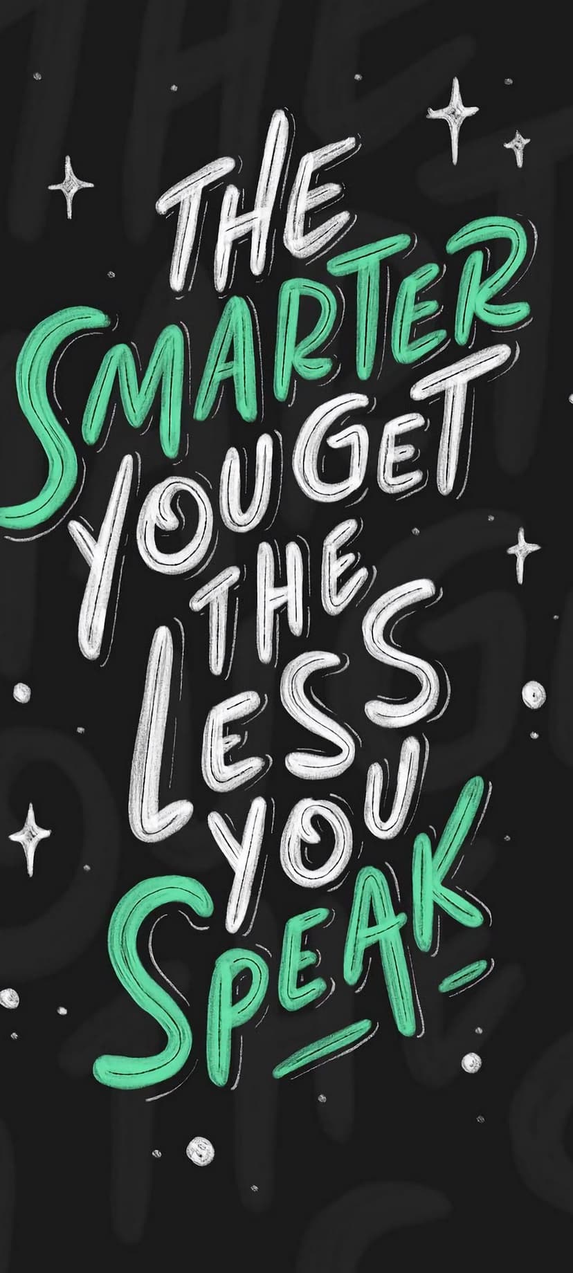Hand-drawn teal and white quote text sits on a dark background decorated with small white stars and dots.