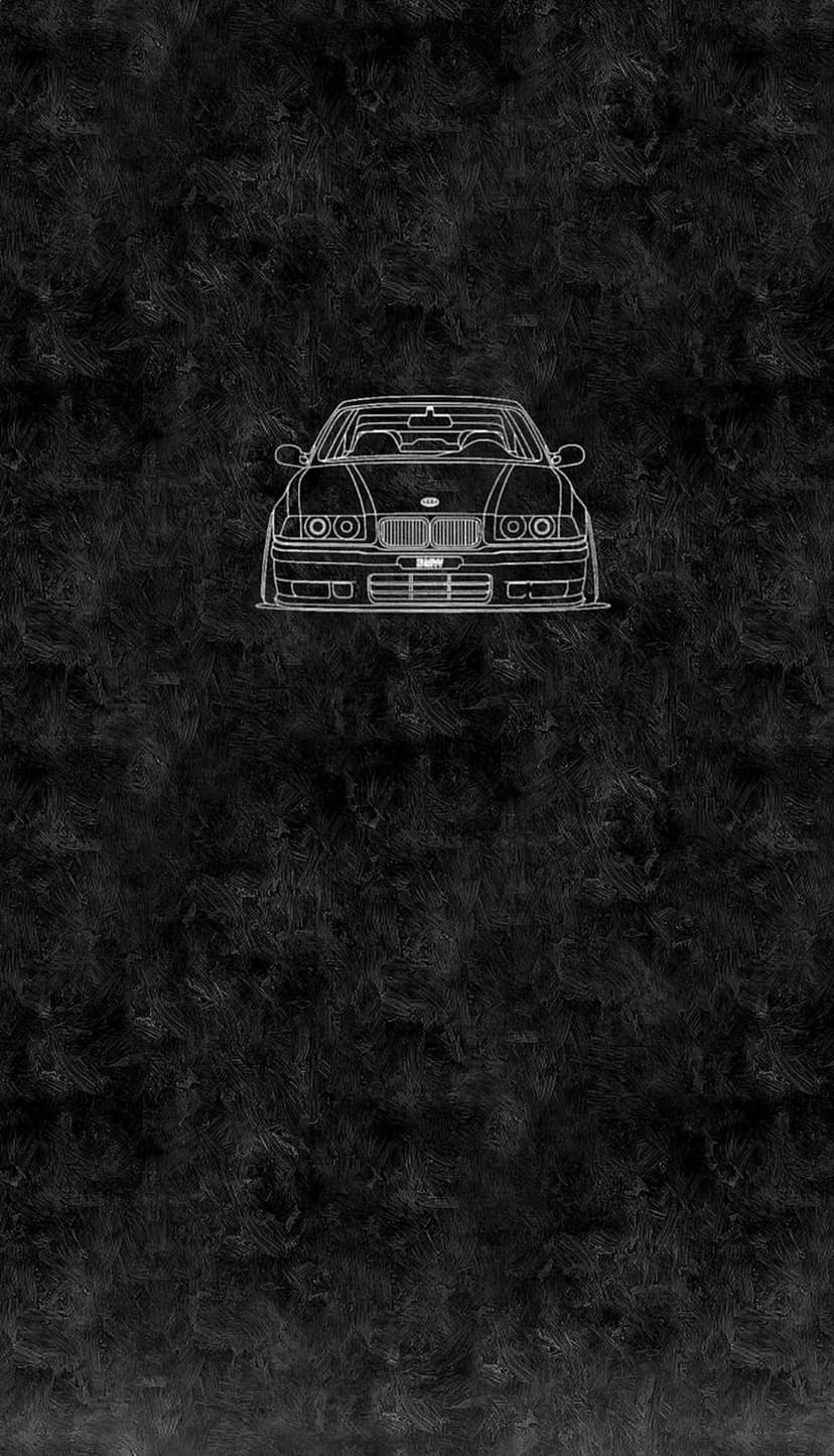 BMW E36 coupe outline in white vector art centered on a dark textured charcoal gray background for mobile screens.
