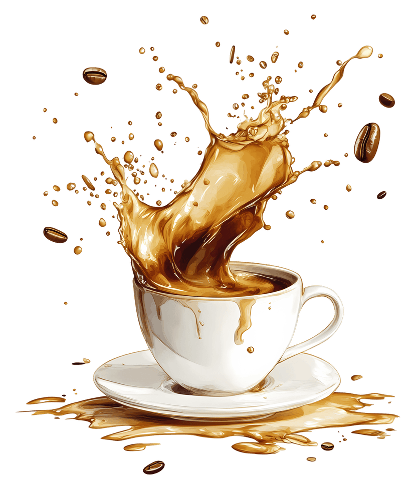Coffee splash bursting from a white ceramic mug showing liquid droplets and realistic motion textures.