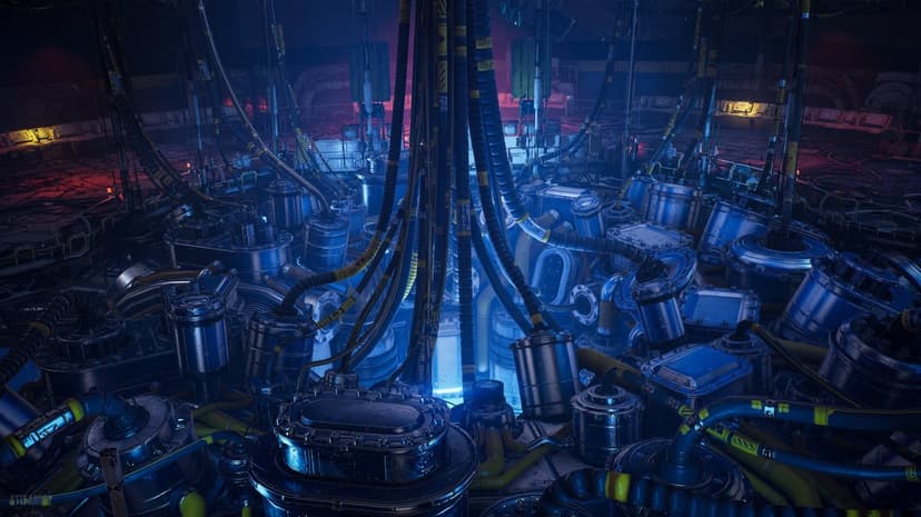 Industrial machinery in cyberpunk style features intricate metal pipes and glowing neon lights in a dark factory.