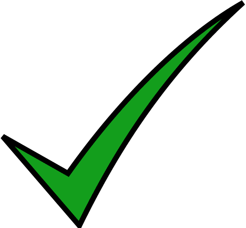 Green checkmark symbol with a bold flat design and sharp corners on a transparent background for clear UI status.
