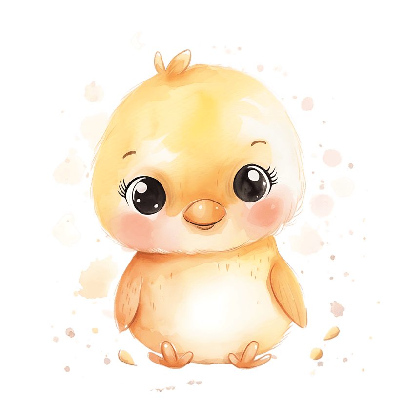 Yellow chick watercolor illustration with fluffy feathers, large black eyes, and pink cheeks on a black background.