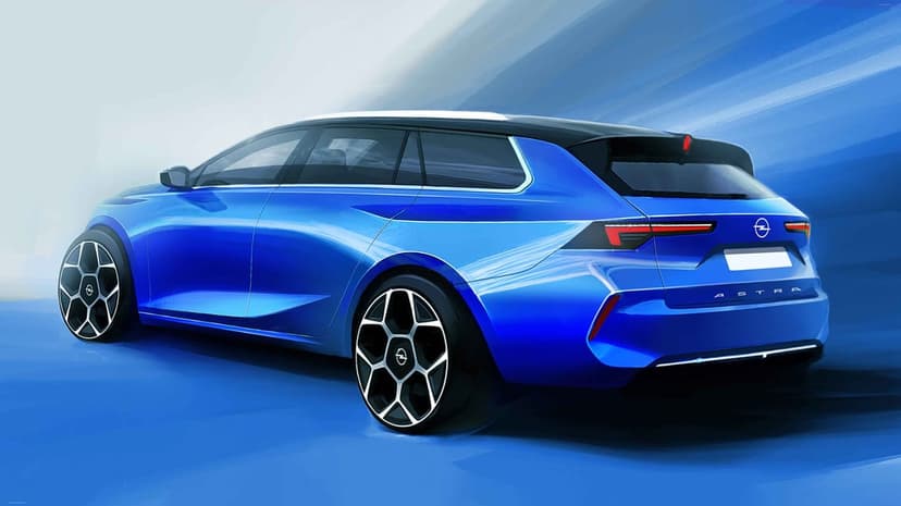 Rear view of a blue concept station wagon with large honeycomb wheels and sleek LED lights on an abstract background.