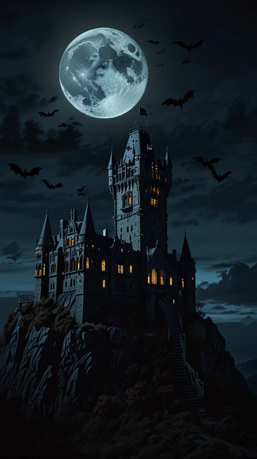 Gothic castle on a jagged cliff silhouetted against a massive full moon as bats fly across the dark night sky.
