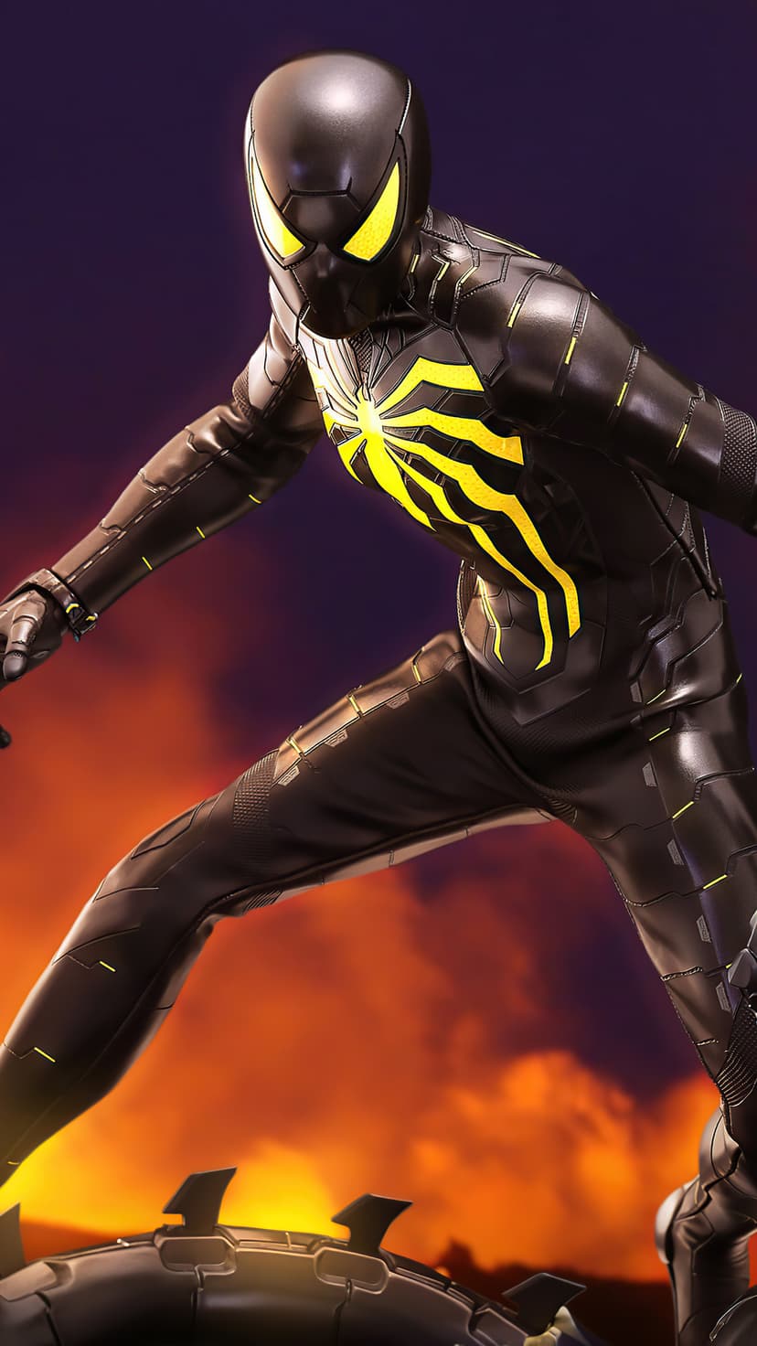 Spider-Man wears a glowing black and yellow stealth suit while leaping through a fiery orange and violet sky.