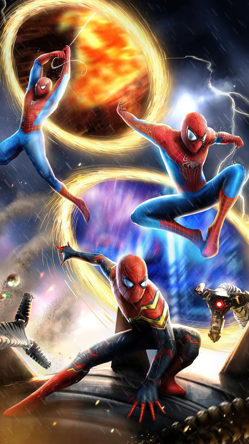 Three Spider-Men leap toward a giant robotic Doctor Octopus amidst glowing orange portals and blue lightning.