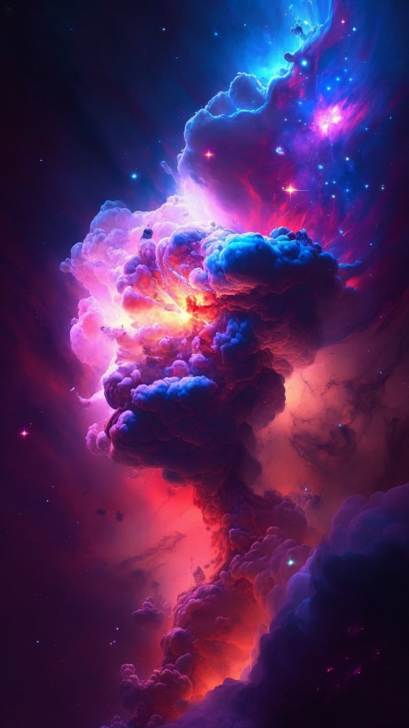 Multicolored nebula clouds in shades of purple and red swirl around tiny bright stars in deep outer space.