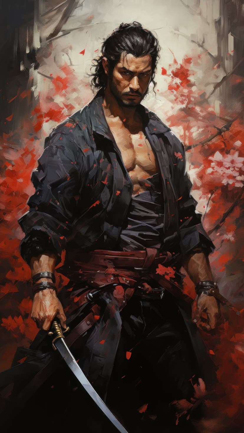 Muscular samurai holding a katana stands amidst swirling red petals against a stylized white and crimson backdrop.