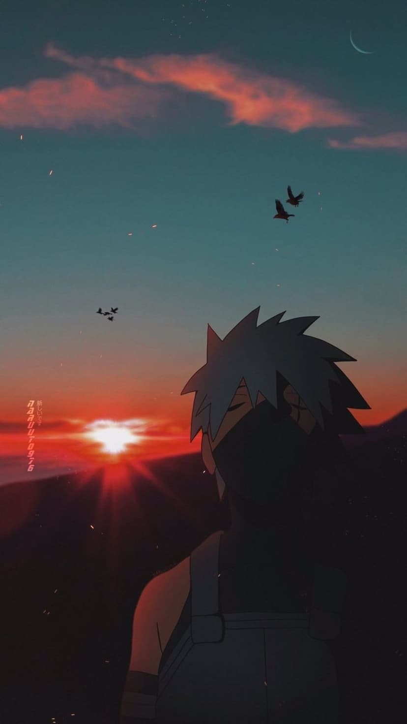 Kakashi Hatake stands in silhouette watching a teal and orange sunset with birds flying near a crescent moon.