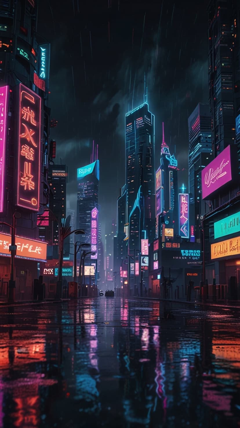 Neon-lit skyscrapers reflect on wet pavement during a rainy night in a futuristic cyberpunk city setting.