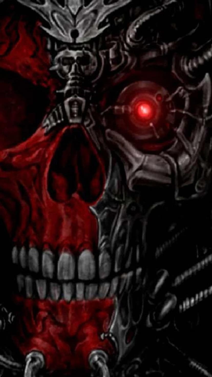 Cyborg skull with a glowing red eye and exposed metallic components reveals a dark, menacing biomechanical face.